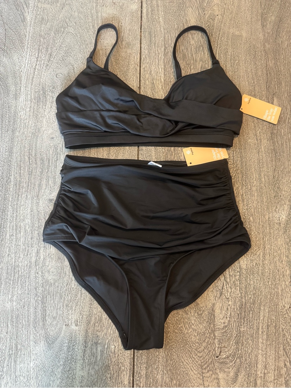 Popilush Black High-Waist Ruched Bikini Set - Women Swim